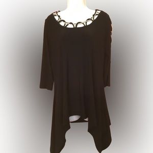 Black. Matte Jersey Top with white scalloped Neck and Sleeves